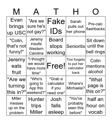 Math Bingo Card