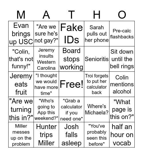 Math Bingo Card