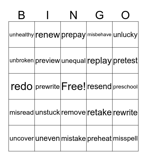 Prefixes Bingo Card