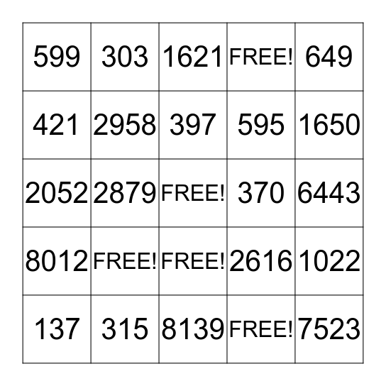 Long Division Bingo Card