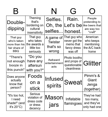 Hire Space's Summer Party Drinking Game Bingo Card