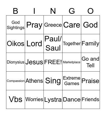 VBS Bingo Card