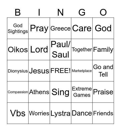 VBS Bingo Card