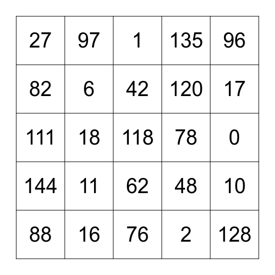 0-144 Bingo Card