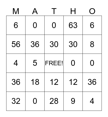 Multiplication Math-O Bingo Card