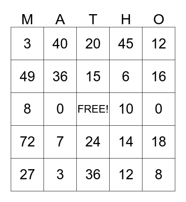 Multiplication Math-O Bingo Card