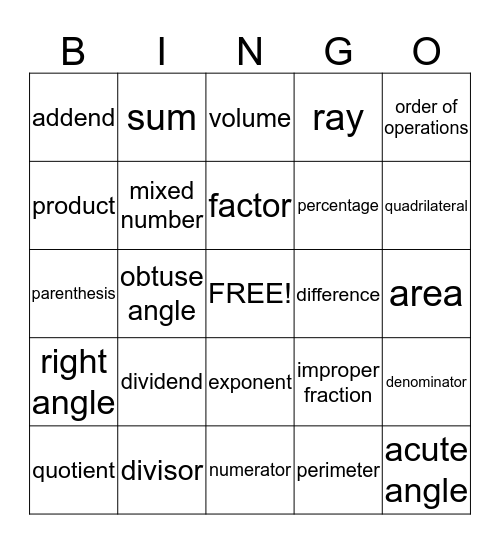 Math Vocabulary Bingo Card