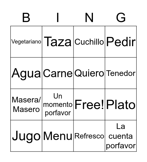 Restaurante Bingo Card