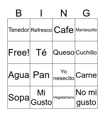 Spanish Resteraunt Phrases Bingo Card