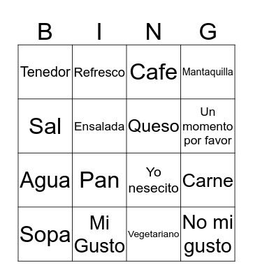 Spanish Resteraunt Phrases Bingo Card