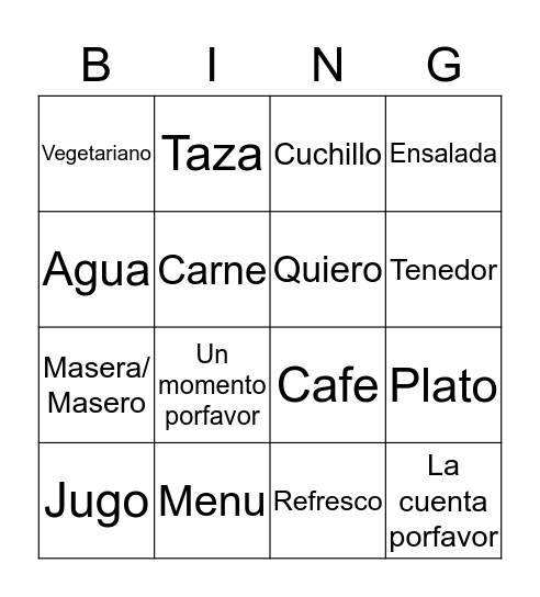 Restaurante Bingo Card