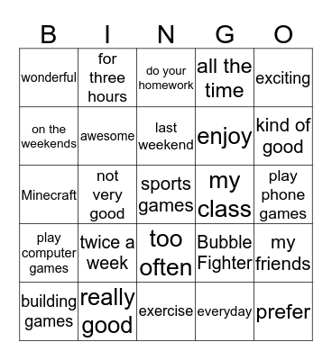Unit 4: We Played Computer Games All Day Long Bingo Card