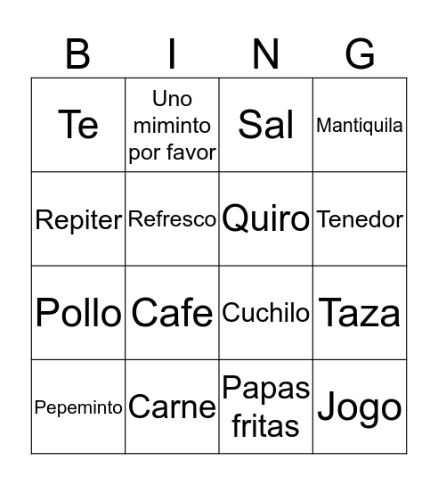 Restaurant  Bingo Card