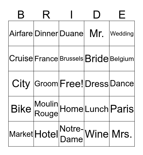 Melissa's Bridal Shower Bingo Card