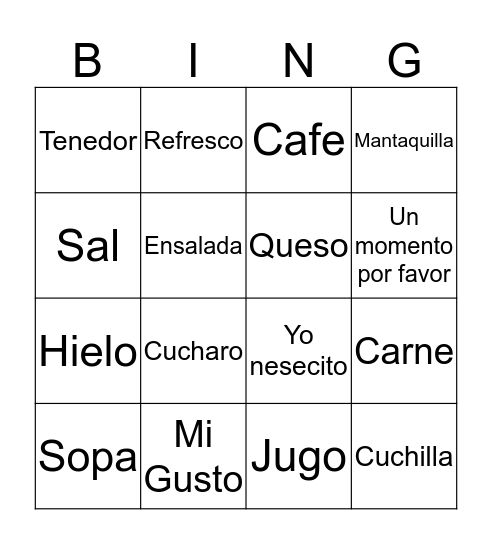 Spanish Resteraunt Phrases Bingo Card