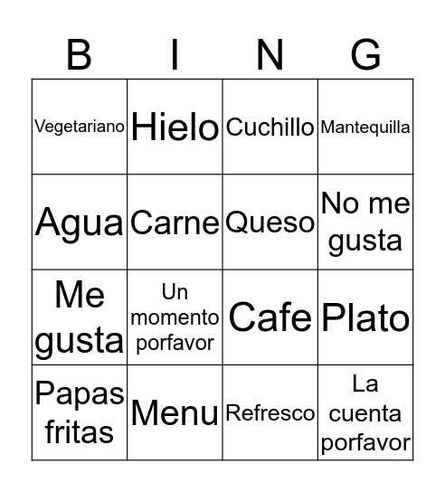 Restaurante Bingo Card