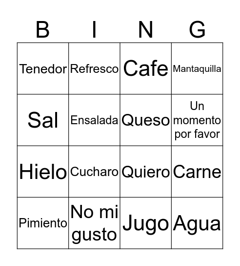 Spanish Resteraunt Phrases Bingo Card