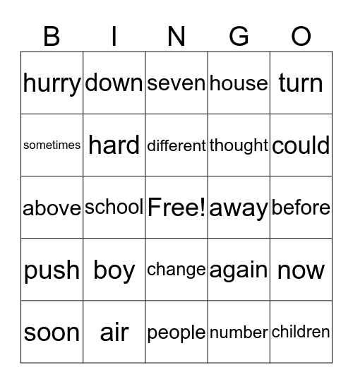 Sight Words Bingo Card