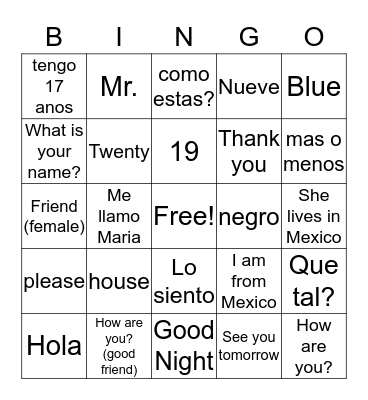 Spanish Bingo Card