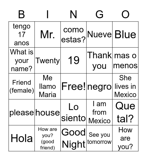 Spanish Bingo Card