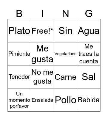 Spanish Restaurant Vocabulary Bingo Card