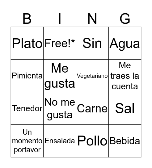 Spanish Restaurant Vocabulary Bingo Card