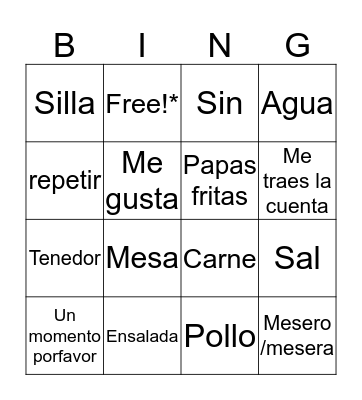 Spanish Restaurant Vocabulary Bingo Card