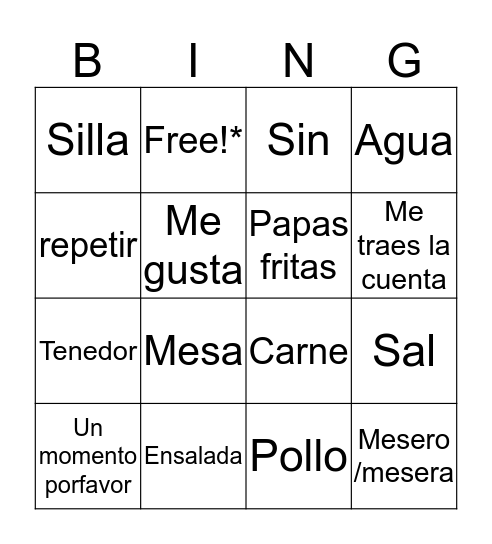 Spanish Restaurant Vocabulary Bingo Card