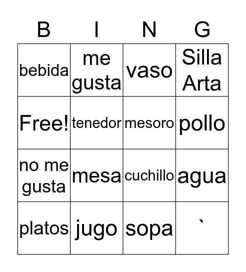 Restuarnte Bingo Card