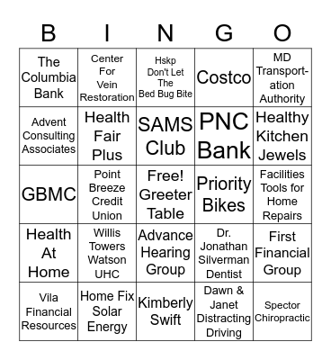Health Fair 4/21/2017 Name:                                                               Bingo Card
