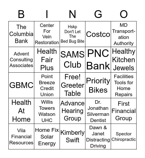 Health Fair 4/21/2017 Name:                                                               Bingo Card