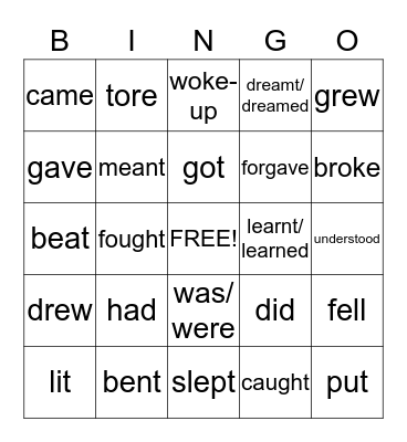 Irregular Past tense Verbs  Bingo Card