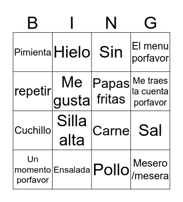 Spanish Restaurant Vocabulary Bingo Card