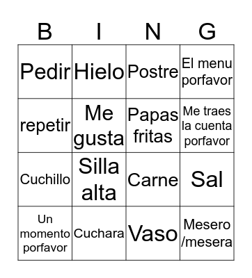 Spanish Restaurant Vocabulary Bingo Card