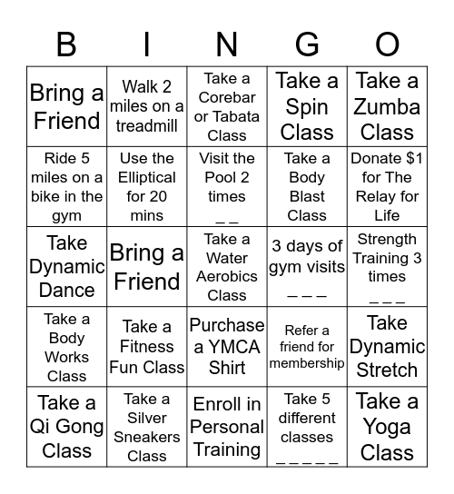 Fitness Bingo Card