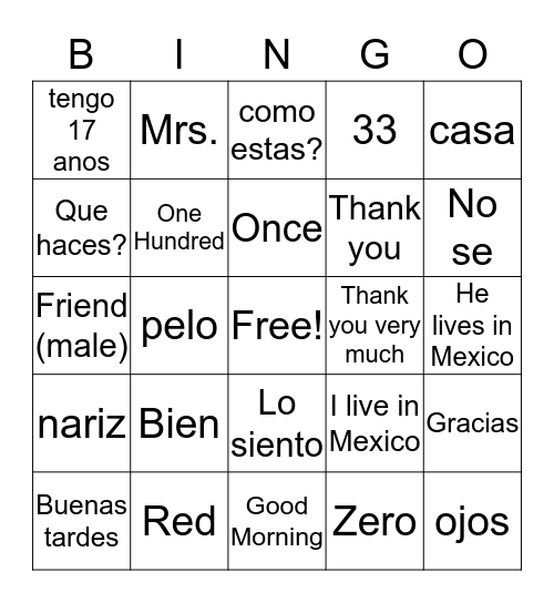Spanish Bingo Card