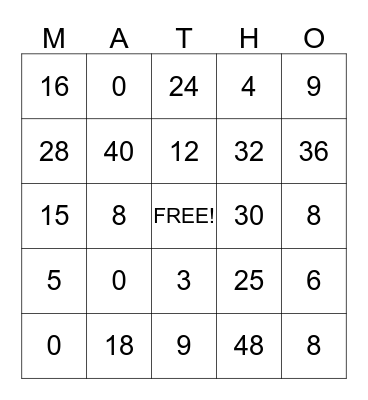 Multiplication Math-O Bingo Card