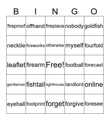 Compound Words Bingo Card