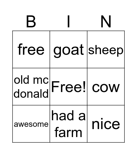old mc donald Bingo Card
