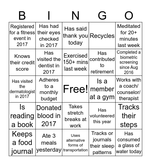 live wellth bingo Card