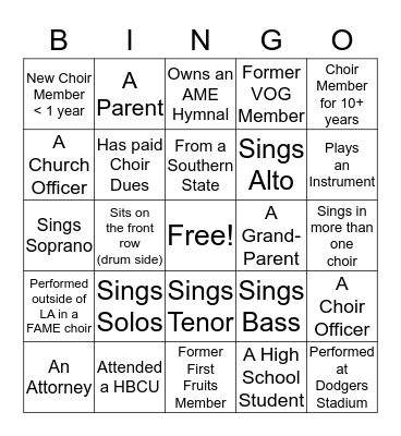 Musical Bingo Card