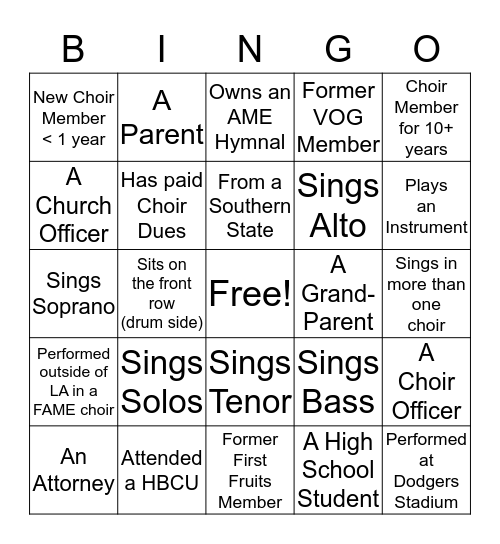 Musical Bingo Card