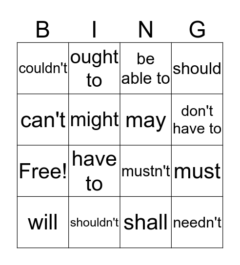 modals Bingo Card