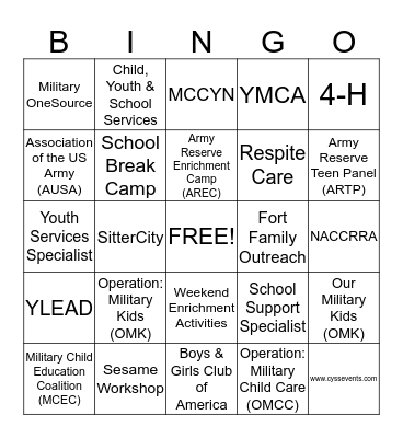 USACAPOC(A) Child, Youth & School Services Bingo Card