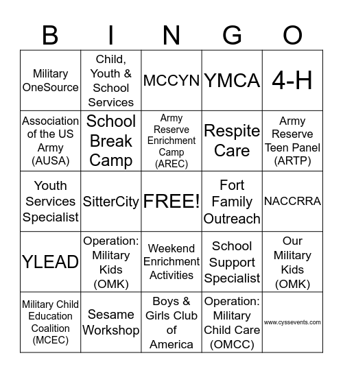 USACAPOC(A) Child, Youth & School Services Bingo Card