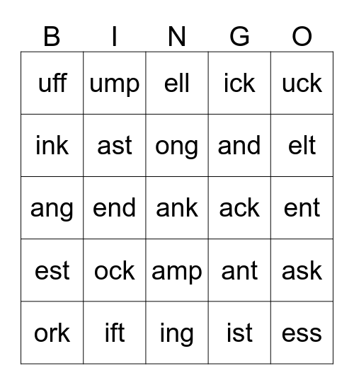 Short vowel Bingo Card