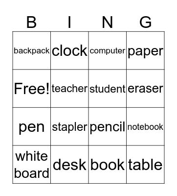 classroom objects Bingo Card