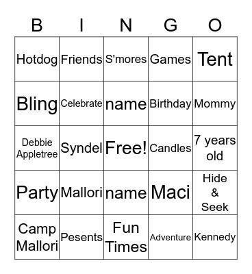 Mal's Glamping Bingo Card