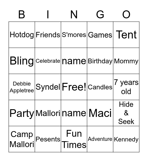 Mal's Glamping Bingo Card