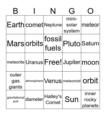 Our Solar System Bingo Card